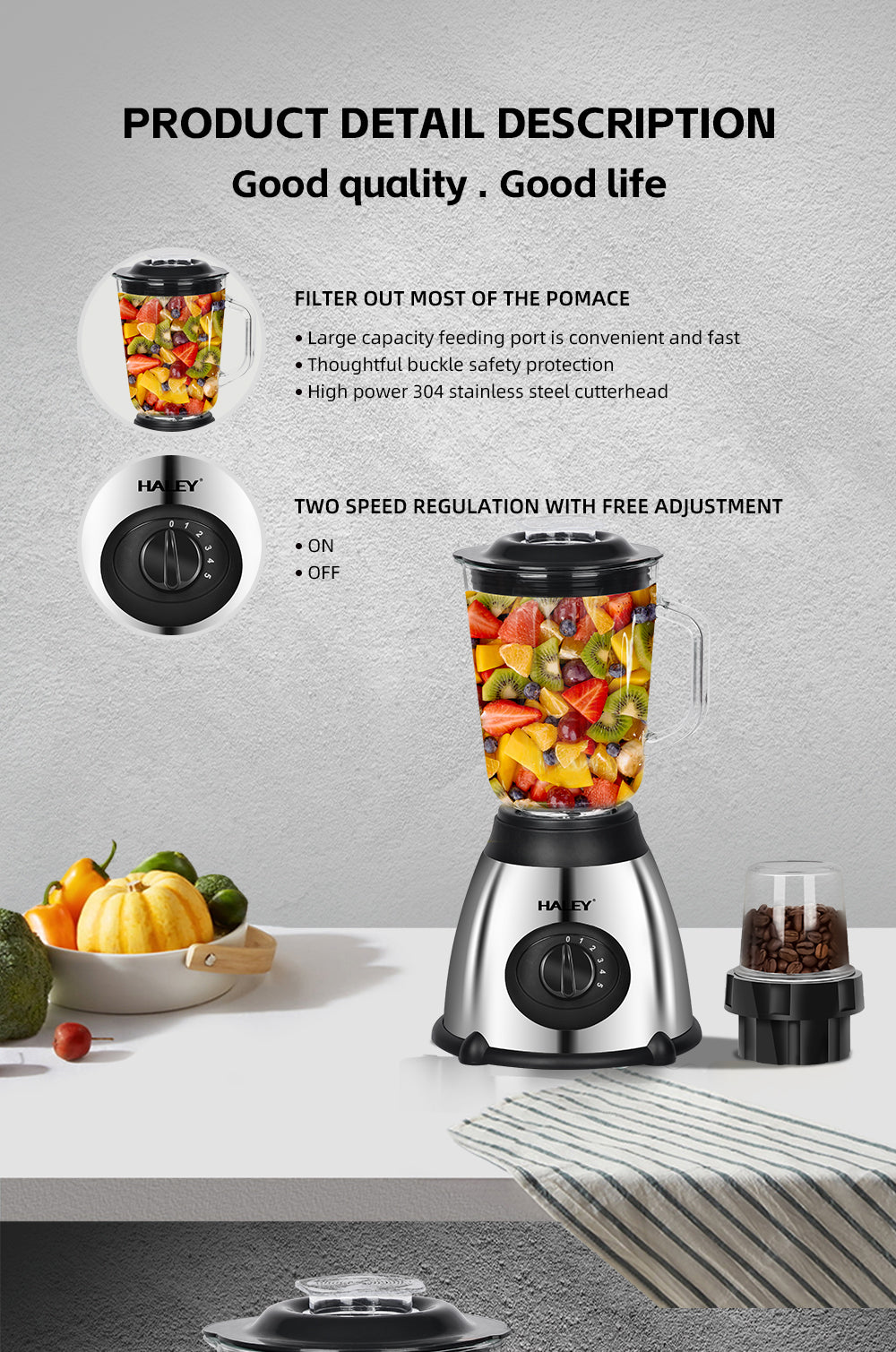 Blender Multifuncțional HALEY 1200W, Capacitate 1.5L, Motor Puternic, Design Compact și Versatil